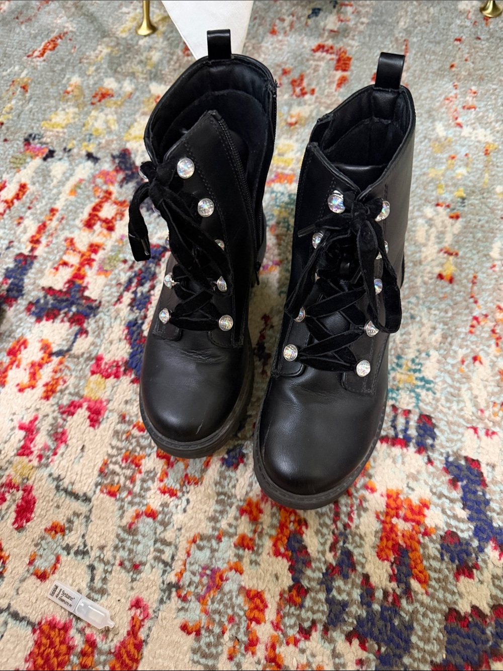 art class Black Kids' Lace-Up Booties with Rhinestone Eyelets